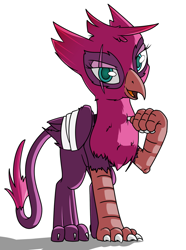 Size: 1040x1400 | Tagged: safe, artist:dacaoo, imported from derpibooru, tempest shadow, griffon, bandage, bandaged wing, eye scar, female, griffonized, looking at you, scar, simple background, solo, species swap, white background, wings