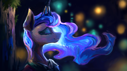 Size: 1920x1080 | Tagged: safe, artist:plainoasis, imported from derpibooru, princess luna, alicorn, pony, beautiful, blurry background, bust, crown, crying, digital art, ethereal mane, eyes closed, female, flowing mane, jewelry, mare, painting, portrait, profile, regalia, side view, smiling, solo, teary eyes