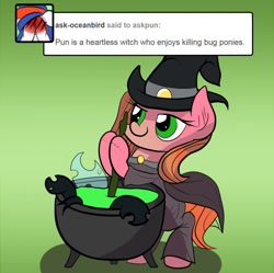 Size: 803x800 | Tagged: safe, artist:wadusher0, imported from derpibooru, oc, oc only, oc:pun, changeling, pony, ask pun, ask, cauldron, hat, solo, witch hat