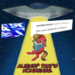 Size: 850x850 | Tagged: safe, artist:ariah101, imported from derpibooru, oc, oc only, oc:pun, alien, earth pony, pony, ask pun, abduction, alien abduction, ask, failed a spot check, solo, space, ufo