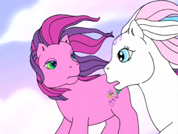 Size: 720x540 | Tagged: safe, imported from derpibooru, screencap, skywishes, star catcher, pegasus, pony, dancing in the clouds, female, g3, looking at each other, mare, open mouth, windswept mane