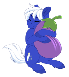 Size: 2840x3201 | Tagged: source needed, safe, artist:silkensaddle, imported from derpibooru, oc, oc only, earth pony, pony, colored, cute, eggplant, food, hug, simple background, solo, transparent background