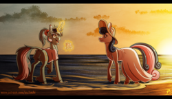 Size: 2400x1379 | Tagged: safe, artist:inuhoshi-to-darkpen, imported from derpibooru, bon bon, lyra heartstrings, sweetie drops, earth pony, unicorn, beach, cheek fluff, chest fluff, clothes, dress, ear fluff, hat, hoof fluff, leonine tail, magic, ocean, open mouth, sand, shell, sunglasses, sunset, telekinesis, unshorn fetlocks