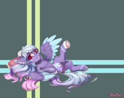 Size: 4096x3252 | Tagged: safe, artist:twinkling, imported from derpibooru, oc, oc only, oc:twinkling, pegasus, pony, abstract background, belly button, butt blush, chest fluff, colored ear fluff, colored ear tufts, colored hooves, colored pupils, colored underhoof, colored wings, ear fluff, ear tufts, eyebrows, eyebrows visible through hair, facial markings, female, gradient mane, gradient tail, heart eyes, hooves behind head, looking at you, lying down, mare, on back, pillow, red eyes, smiling, smiling at you, spread wings, tail, two toned wings, wingding eyes, wings