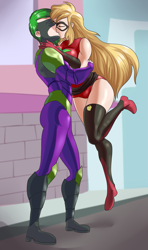 Size: 1209x2048 | Tagged: safe, artist:thebrokencog, imported from derpibooru, applejack, humdrum, mistress marevelous, spike, human, power ponies (episode), applespike, clothes, costume, eyes closed, female, humanized, kissing, male, power ponies, shipping, straight, superhero