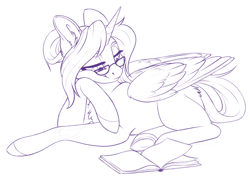 Size: 2966x2163 | Tagged: safe, artist:silkensaddle, imported from derpibooru, alicorn, pony, book, glasses, simple background, sketch, solo, white background