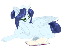 Size: 4432x3408 | Tagged: safe, artist:silkensaddle, imported from derpibooru, oc, oc only, oc:flurry, alicorn, pony, alicorn oc, book, chest fluff, colored, glasses, hooves, horn, lidded eyes, magic, reading, simple background, smiling, solo, telekinesis, transparent background, underhoof, wings