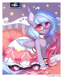 Size: 2644x3200 | Tagged: safe, artist:twinkling, imported from derpibooru, oc, oc only, pegasus, bed, bedroom, clothes, collar, colored pupils, dress, fangs, glasses, picture frame, pillow, red eyes