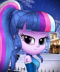 Size: 3000x3600 | Tagged: safe, alternate version, artist:aryatheeditor, imported from derpibooru, sci-twi, twilight sparkle, equestria girls, accessories, accessory, bare shoulders, beautiful, bedroom eyes, breasts, bust, clothes, cutie mark, cutie mark background, digital art, dress, element of magic, female, geode of telekinesis, glasses, glasses off, heterochromia, jacket, looking at you, magical geodes, missing accessory, nerd, outfit, photo, powerful sparkle, sci-twi is not amused, sleeveless, snow, snowflake, solo, twilight is not amused, twilight sparkle is not amused, unamused, winter