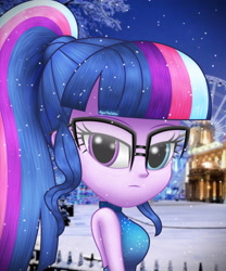 Size: 3000x3600 | Tagged: safe, alternate version, artist:aryatheeditor, imported from derpibooru, sci-twi, twilight sparkle, equestria girls, accessories, accessory, bare shoulders, beautiful, bedroom eyes, breasts, bust, clothes, cutie mark, cutie mark background, digital art, dress, element of magic, female, geode of telekinesis, glasses, heterochromia, looking at you, magical geodes, nerd, outfit, photo, powerful sparkle, sleeveless, snow, snowflake, solo, winter