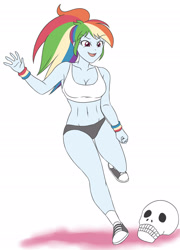 Size: 1993x2773 | Tagged: safe, imported from derpibooru, rainbow dash, equestria girls, belly button, breasts, busty rainbow dash, clothes, converse, kicking, open mouth, shoes, skull, sports bra, sports panties