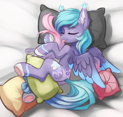 Size: 2314x2192 | Tagged: safe, artist:twinkling, imported from derpibooru, oc, oc only, oc:twinkling, pegasus, pony, bed, colored ear fluff, colored ear tufts, colored hooves, colored underhoof, colored wings, cute, ear fluff, ear tufts, female, gradient mane, gradient tail, hug, lying down, mare, ocbetes, on bed, on side, pegasus oc, pillow, pillow hug, sleeping, spread wings, tail, tail between legs, tongue out, two toned wings, wings