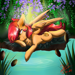 Size: 1235x1235 | Tagged: safe, artist:yuris, imported from derpibooru, oc, oc only, pegasus, pony, cattails, chest fluff, forest, lake, reeds, solo