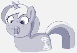 Size: 1323x907 | Tagged: safe, artist:heretichesh, imported from derpibooru, minuette, pony, unicorn, blushing, brushing teeth, duo, micro, monochrome, open mouth, sketch, smiling, solo, teeth, tiny, tiny ponies, tongue out, toothbrush, vore