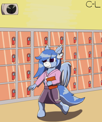 Size: 2480x2971 | Tagged: safe, artist:cyborglucario, imported from derpibooru, oc, oc only, oc:river tailwind, anthro, bat pony, unguligrade anthro, bat pony oc, bat wings, book, clothes, female, filly, hairclip, jewelry, locker, lockers, pendant, school, wings