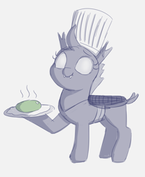 Size: 914x1110 | Tagged: safe, artist:heretichesh, imported from derpibooru, changeling, chef, chef's hat, egg, female, fried egg, happy, hat, holeless, implied cannibalism, implied changeling egg, proud, smiling, solo