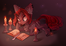Size: 4093x2894 | Tagged: safe, artist:shore2020, imported from derpibooru, oc, oc only, oc:rune hymn, earth pony, pony, abstract background, big ears, book, candle, candle holder, chest fluff, cutie mark, ear fluff, female, lying down, mare, prone, solo