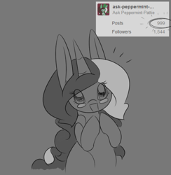 Size: 500x512 | Tagged: safe, artist:kaggy009, imported from derpibooru, oc, oc only, oc:peppermint pattie (unicorn), pony, unicorn, ask peppermint pattie, female, mare, milestone, monochrome, solo