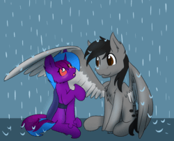 Size: 1500x1213 | Tagged: safe, artist:noxi1_48, imported from derpibooru, oc, oc:cruxia, oc:love note, changeling, pegasus, animated, blushing, changeling oc, gif, pegasus oc, rain, wings