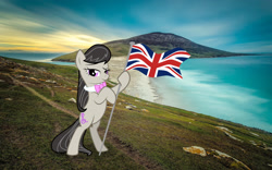 Size: 1960x1226 | Tagged: safe, edit, imported from derpibooru, octavia melody, earth pony, pony, argentina, britain, britavia, british, british flag, falkland islands, flag, irl, photo, politics, ponies in real life, rule brittania, scenery, solo, union jack