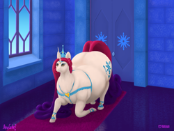 Size: 1280x960 | Tagged: safe, artist:soobel, imported from derpibooru, princess amore, pony, unicorn, belly, big belly, bowing, carpet, castle, crown, door, fat, female, jewelry, kneeling, large butt, mare, regalia, solo, window