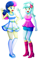 Size: 1115x1699 | Tagged: safe, artist:the-butch-x, imported from derpibooru, bon bon, lyra heartstrings, sweetie drops, equestria girls, equestria girls series, :d, background human, breasts, busty bon bon, busty lyra heartstrings, duo, female, lesbian, lyrabon, open mouth, open smile, shipping, simple background, smiling, transparent background, waving