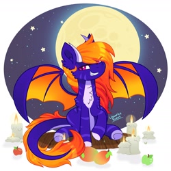 Size: 2200x2200 | Tagged: safe, artist:liquorice_sweet, imported from derpibooru, oc, oc only, oc:violet flare, dracony, dragon, hybrid, pony, apple, bat wings, candle, commission, female, food, mango, mare, moon, sitting, smiling, smirk, solo, stars, teeth, wings, ych result