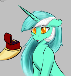 Size: 1280x1367 | Tagged: safe, artist:renarde-louve, imported from derpibooru, bon bon, lyra heartstrings, sweetie drops, earth pony, pony, unicorn, colored pupils, disembodied hoof, engagement ring, female, floppy ears, gray background, horn, implied bon bon, lesbian, lyrabon, mare, marriage proposal, offscreen character, open mouth, shipping, simple background, solo focus