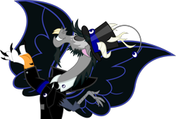 Size: 6494x4377 | Tagged: safe, artist:isaac_pony, imported from derpibooru, oc, oc:lord fear, draconequus, antagonist, clothes, halloween, hat, holiday, horn, male, moon, nightmare, nightmare night, not discord, oc villain, photo, simple background, smiley face, smiling, solo, transparent background, tuxedo, vector, villainess, wings