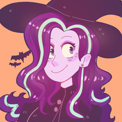 Size: 888x888 | Tagged: safe, artist:_sephiia_, artist:sephiia, imported from derpibooru, starlight glimmer, bat, equestria girls, bust, clothes, costume, cute, female, freckles, glimmerbetes, halloween, halloween costume, hat, holiday, orange background, simple background, smiling, solo, witch, witch hat