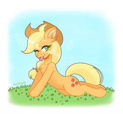 Size: 1200x1116 | Tagged: safe, artist:hachiipop, imported from derpibooru, applejack, earth pony, pony, :p, chest fluff, cute, ear fluff, female, jackabetes, lying down, mare, one eye closed, solo, tongue out, wink