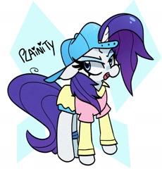 Size: 1716x1869 | Tagged: safe, artist:kindakismet, imported from derpibooru, rarity, pony, unicorn, friendship university, alternate hairstyle, backwards ballcap, baseball cap, cap, cutie mark background, disguise, female, hat, mare, open mouth, plainity, solo