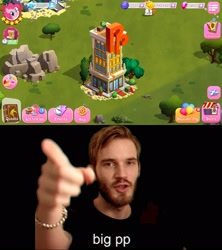 Size: 1920x2160 | Tagged: safe, imported from derpibooru, screencap, fili-second, pinkie pie, earth pony, pony, big pp, exploitable meme, gameloft, meme, my little pony game, pewdiepie, power ponies, tower