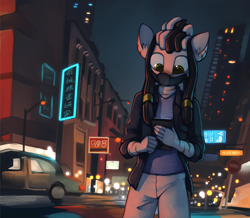 Size: 2243x1957 | Tagged: safe, artist:marsminer, imported from derpibooru, oc, oc only, oc:zahk, anthro, zebra, car, city, downtown, dreadlocks, hair jewelry, hong kong, looking down, male, mask, multicolored hair, neon, phone, solo, tokyo, zebra oc