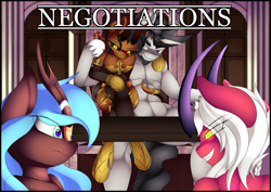 Size: 4093x2894 | Tagged: safe, artist:ze-dusty, imported from derpibooru, oc, oc only, oc:iratus arcana, oc:urara night, oc:whirlwind dust, oc:zerphie, bat pony, kirin, succubus, unicorn, comic:negotiations, bat pony oc, bat wings, black sclera, clothes, comic, crossed legs, hug, socks, tail, tail hug, thigh highs, whiratus, wings