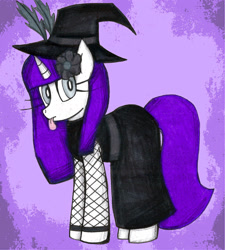 Size: 1726x1915 | Tagged: safe, artist:insomniaqueen, imported from derpibooru, oc, oc only, pony, unicorn, :p, abstract background, clothes, eyelashes, female, flower, flower in hair, hat, horn, mare, solo, tongue out, traditional art, unicorn oc, witch hat