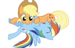 Size: 821x533 | Tagged: safe, artist:princessdestiny200i, imported from derpibooru, applejack, rainbow dash, earth pony, pegasus, pony, applejack's hat, cowboy hat, duo, female, hat, lying down, mare, on back, raspberry, simple background, tickle torture, tickling, tongue out, tummy buzz, white background