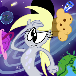 Size: 900x900 | Tagged: safe, artist:spongefox, imported from derpibooru, derpy hooves, doctor whooves, milky way, time turner, alien, earth pony, pegasus, pony, crossover, doctor who, earth, milky way galaxy, muffin hat, salute, shocked, shooting star, space, sylvia, sylvia (wander over yonder), tardis, the doctor, wander (wander over yonder), wander over yonder, zbornak