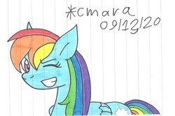 Size: 937x623 | Tagged: safe, artist:cmara, imported from derpibooru, rainbow dash, pegasus, pony, female, grin, lined paper, mare, one eye closed, simple background, smiling, solo, traditional art, white background, wink