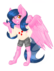 Size: 1080x1440 | Tagged: safe, artist:silentwolf-oficial, imported from derpibooru, oc, oc only, anthro, pegasus, unguligrade anthro, clothes, eyelashes, grin, hoof feet, pegasus oc, shorts, simple background, smiling, solo, transparent background, watermark, wings