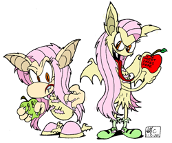 Size: 979x816 | Tagged: safe, artist:spongefox, imported from derpibooru, fluttershy, alien, bat pony, pegasus, pony, vampire, apple, bat ponified, crossover, flutterbat, food, race swap, rayman, scary, simple background, solo, tongue out, transparent background, wander over yonder