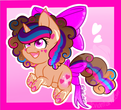 Size: 1080x979 | Tagged: safe, artist:silentwolf-oficial, imported from derpibooru, oc, oc only, oc:sweet hearts, pony, unicorn, :d, bow, eyelashes, hair bow, horn, open mouth, signature, smiling, solo, speedpaint available, tail bow, unicorn oc, watermark