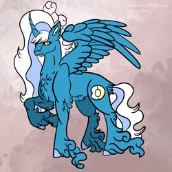 Size: 2048x2048 | Tagged: safe, artist:nightrose-art, imported from derpibooru, oc, oc only, oc:fleurbelle, alicorn, pony, alicorn oc, belly fluff, bow, chest fluff, ear fluff, female, fetlock tuft, hair bow, horn, mare, pink background, simple background, smiling, solo, stomach fluff, wings, yellow eyes