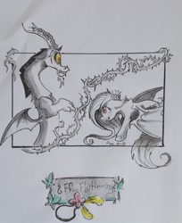 Size: 1833x2243 | Tagged: safe, artist:alom-b93, imported from derpibooru, discord, fluttershy, bat pony, draconequus, pony, bat ponified, fanfic art, female, flutterbat, male, mare, race swap, traditional art