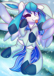 Size: 966x1366 | Tagged: safe, artist:musicfirewind, artist:wavecipher, imported from derpibooru, oc, oc only, oc:blue visions, changeling, glaceon, pegasus, pony, ;p, changeling disguised as pony, changeling oc, clothes, commission, costume, disguise, disguised changeling, female, looking at you, one eye closed, pegasus oc, pokémon, solo, solo female, tongue out, wings