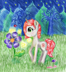 Size: 1161x1260 | Tagged: safe, artist:helemaranth, imported from derpibooru, oc, oc only, pony, unicorn, flower, horn, night, outdoors, smiling, solo, stars, tree, unicorn oc