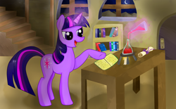 Size: 3500x2176 | Tagged: safe, artist:almaustral, imported from derpibooru, twilight sparkle, pony, unicorn, book, colt, erlenmeyer flask, female, flask, glowing horn, horn, indoors, magic, male, mare, open mouth, raised hoof, smiling, solo, telekinesis, unicorn twilight