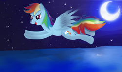 Size: 3303x1953 | Tagged: safe, artist:almaustral, imported from derpibooru, rainbow dash, pegasus, pony, backwards cutie mark, crescent moon, female, flying, mare, moon, night, open mouth, outdoors, solo, stars