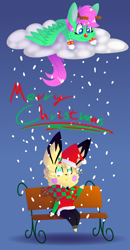 Size: 1200x2300 | Tagged: safe, artist:chu-and-sparky-127, imported from derpibooru, oc, oc only, oc:firework spark, anthro, digitigrade anthro, pegasus, pikachu, pony, anthro with ponies, bench, christmas, clothes, cloud, duo, female, hat, holiday, lying down, mare, merry christmas, on a cloud, pegasus oc, pokémon, prone, santa hat, scarf, sitting, snow, wings