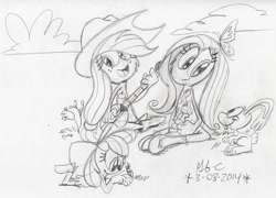 Size: 1054x758 | Tagged: safe, artist:spongefox, imported from derpibooru, apple bloom, applejack, fluttershy, alien, butterfly, earth pony, pegasus, pony, rabbit, animal, cloud, crossover, female, females only, grayscale, guitar, monochrome, musical instrument, traditional art, trio, wander over yonder